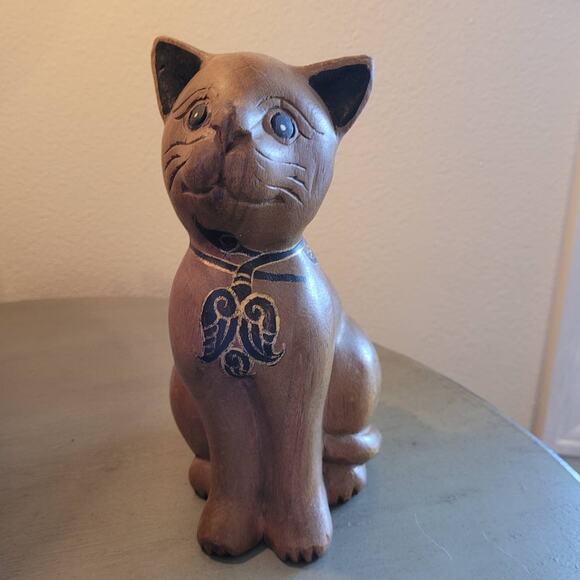 Vintage wood cat figurine MCM kitty 8" decor - Picture 3 of 9